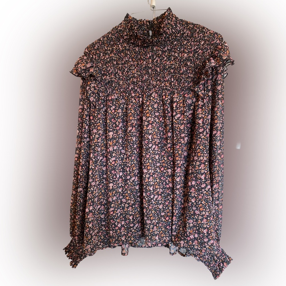 Floral Smocked Blouse - Black and Pink